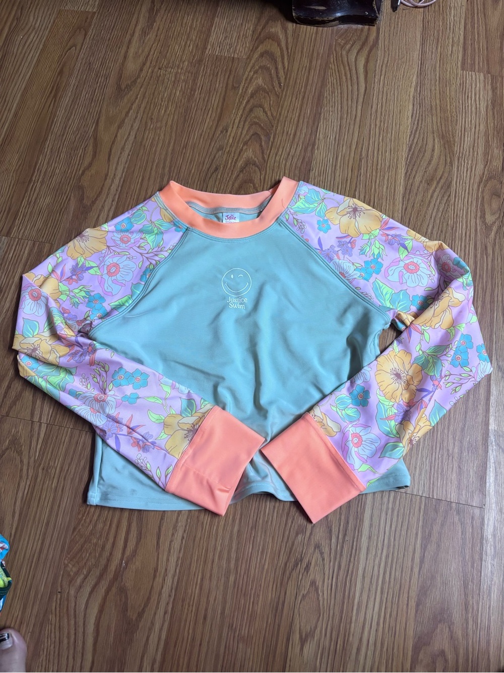 Justice Girls Mint & Coral Floral Raglan Rashguard XL 16/18